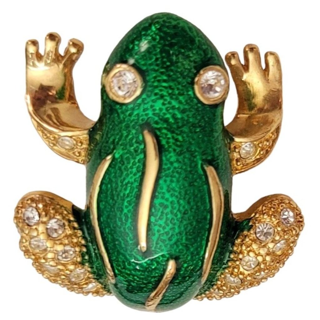 Roman Green Enamel Clear Rhinestone Frog Brooch Signed E151 51$
